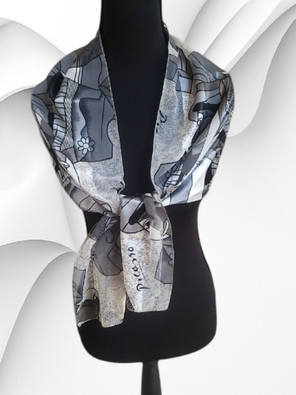 Picasso Gray, Black and White Print Mask Scarf 55 x 13 inch